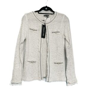 NWT Dolce Cabo White Silver Tweed Cardigan Blazer Fringe Edge Trim Size Medium
